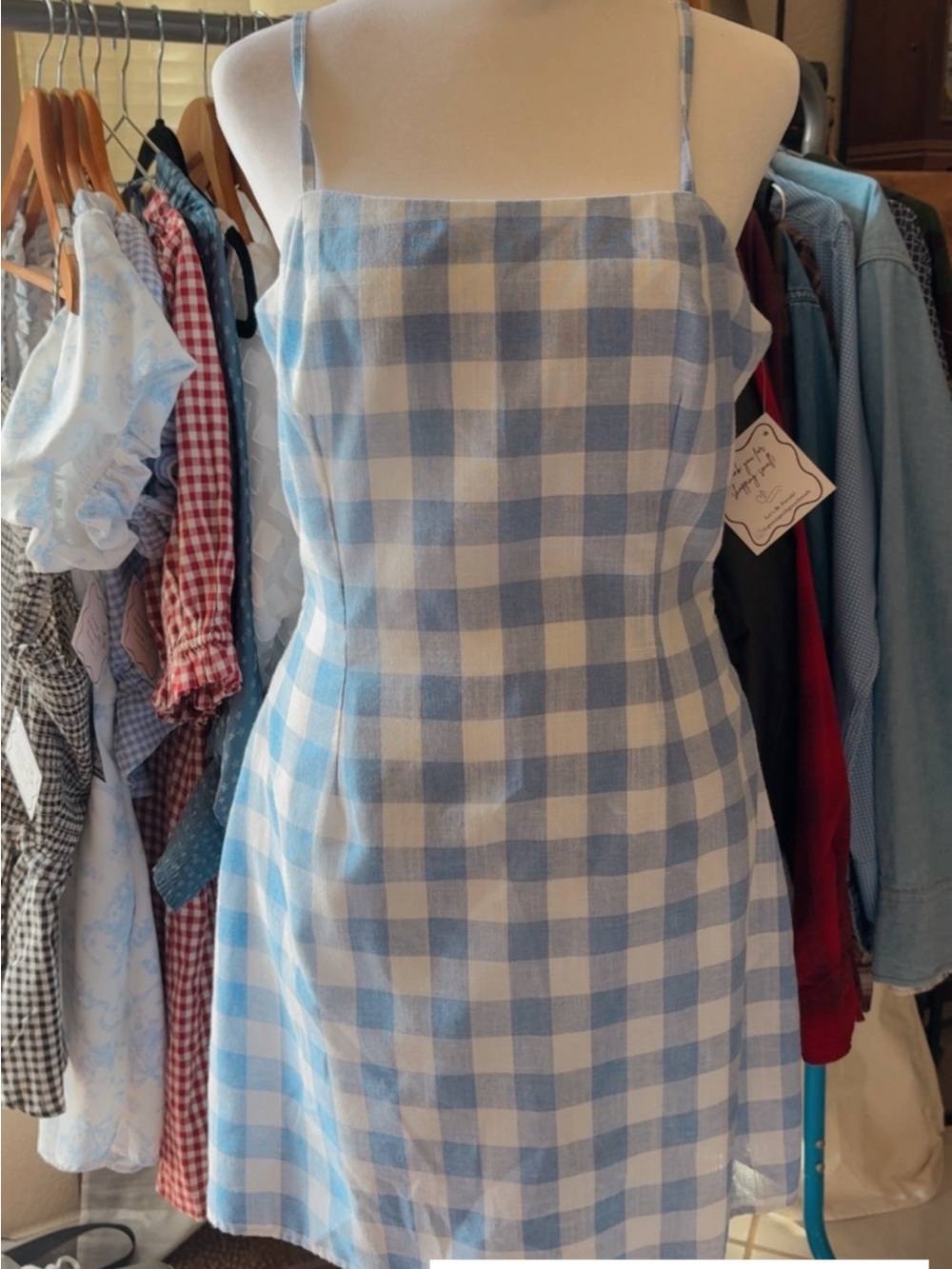 Aqua Gingham Cotton Midi Cut Out Dress Size L Womens